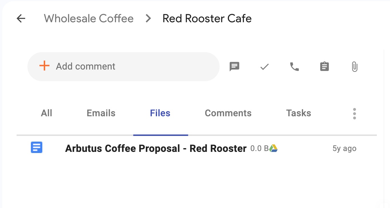 Streak CRM file tab showing Google Doc titled "Arbutus Coffee Proposal - Red Rooster" under Red Rooster Cafe pipeline.
