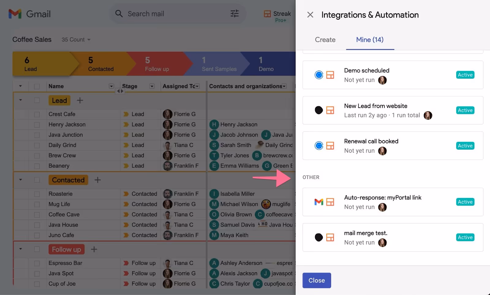 Streak CRM in Gmail showing pipeline stages and active automation workflows for lead tracking and email integrations.