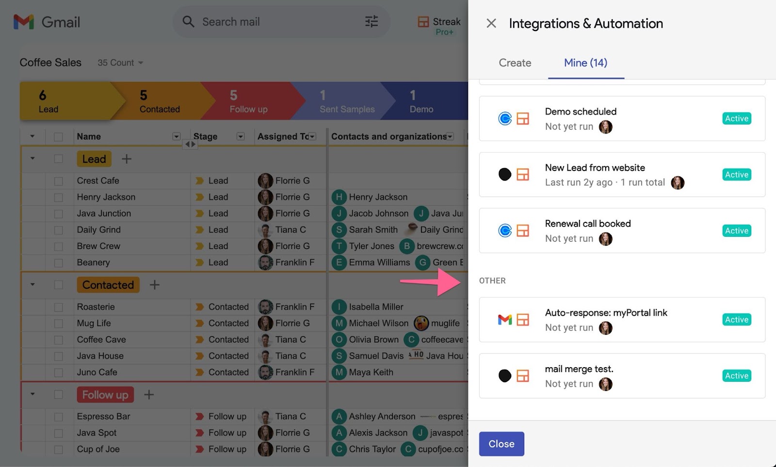 Streak CRM in Gmail showing pipeline stages and active automation workflows for lead tracking and email integrations.