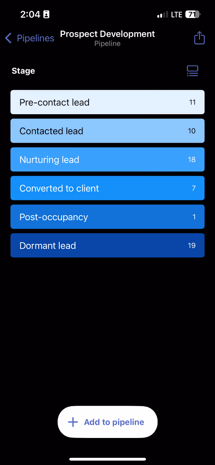 Prospect Development pipeline stages in Streak CRM mobile app with lead counts per stage.