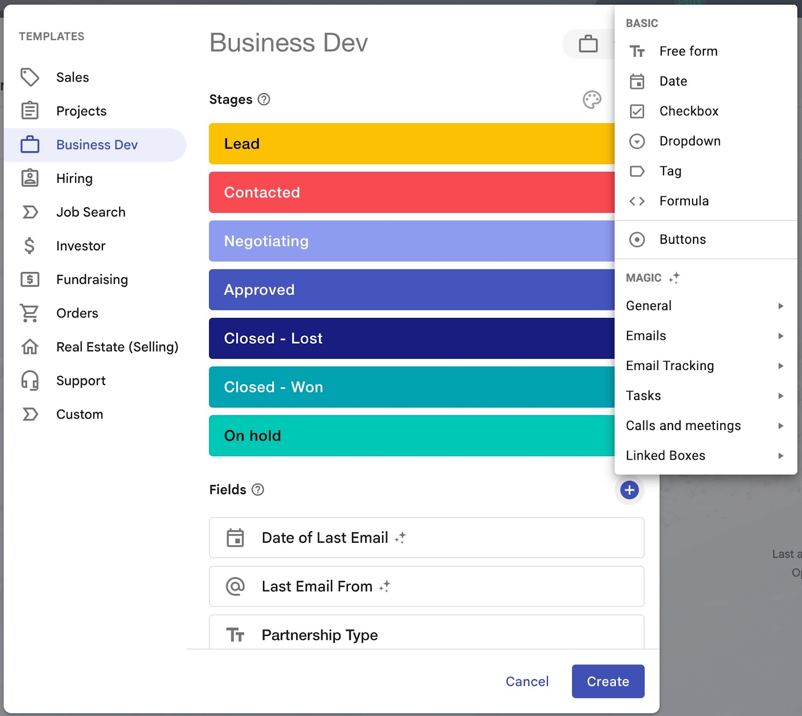 Streak CRM pipeline setup with customizable stages, fields, and automation options for business development.