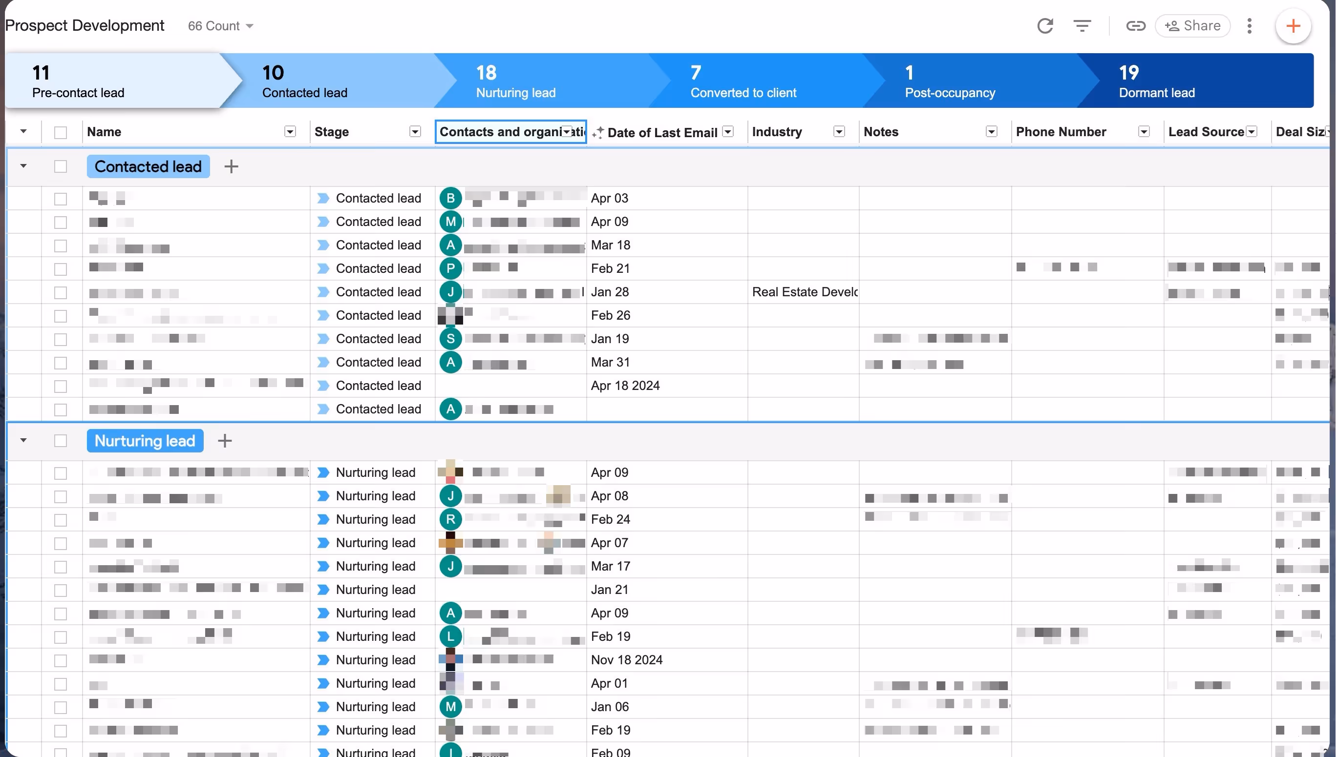 Streak CRM Prospect Development pipeline with lead stages, contact details, last email dates, and deal info.