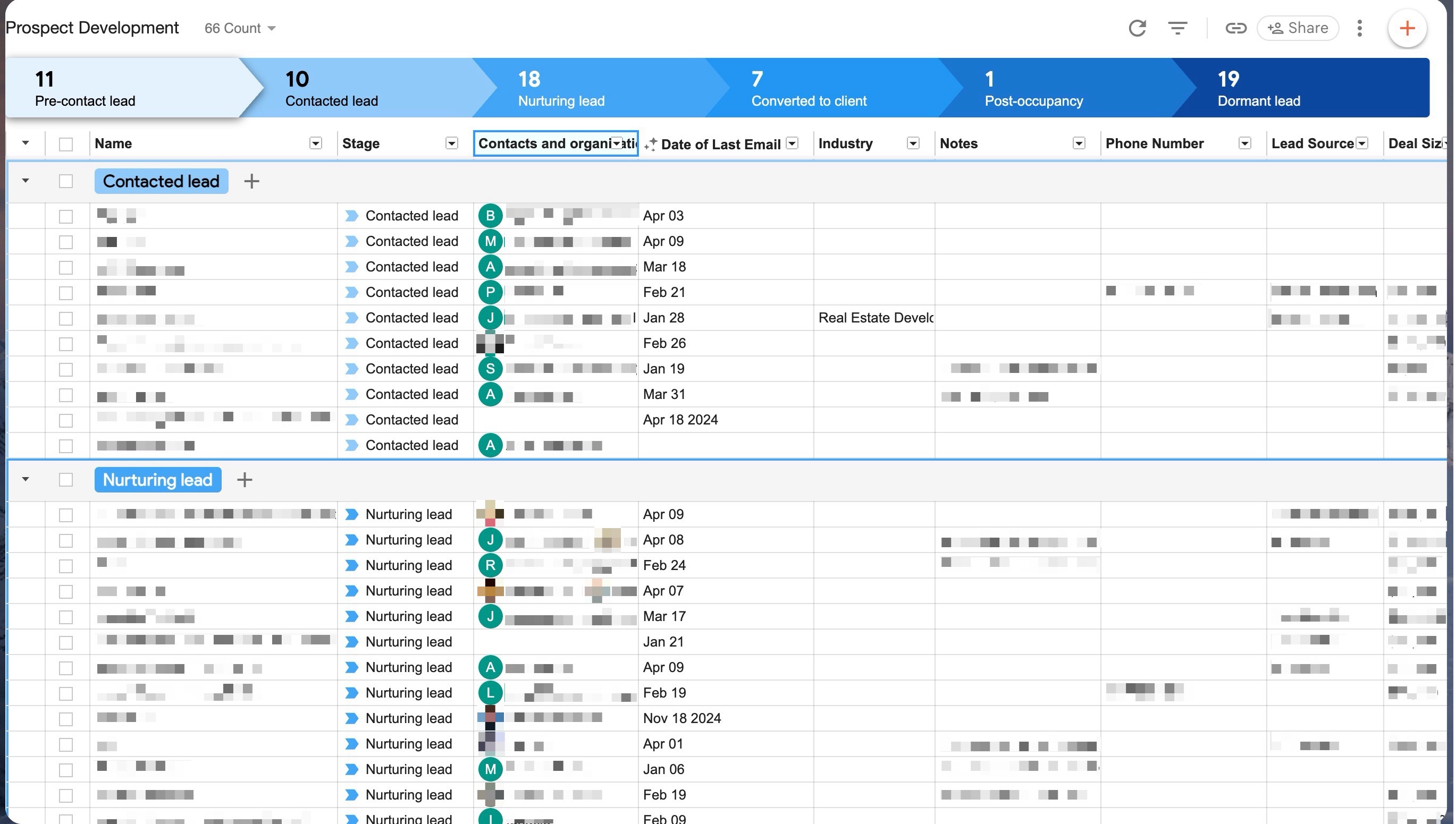 Streak CRM Prospect Development pipeline with lead stages, contact details, last email dates, and deal info.
