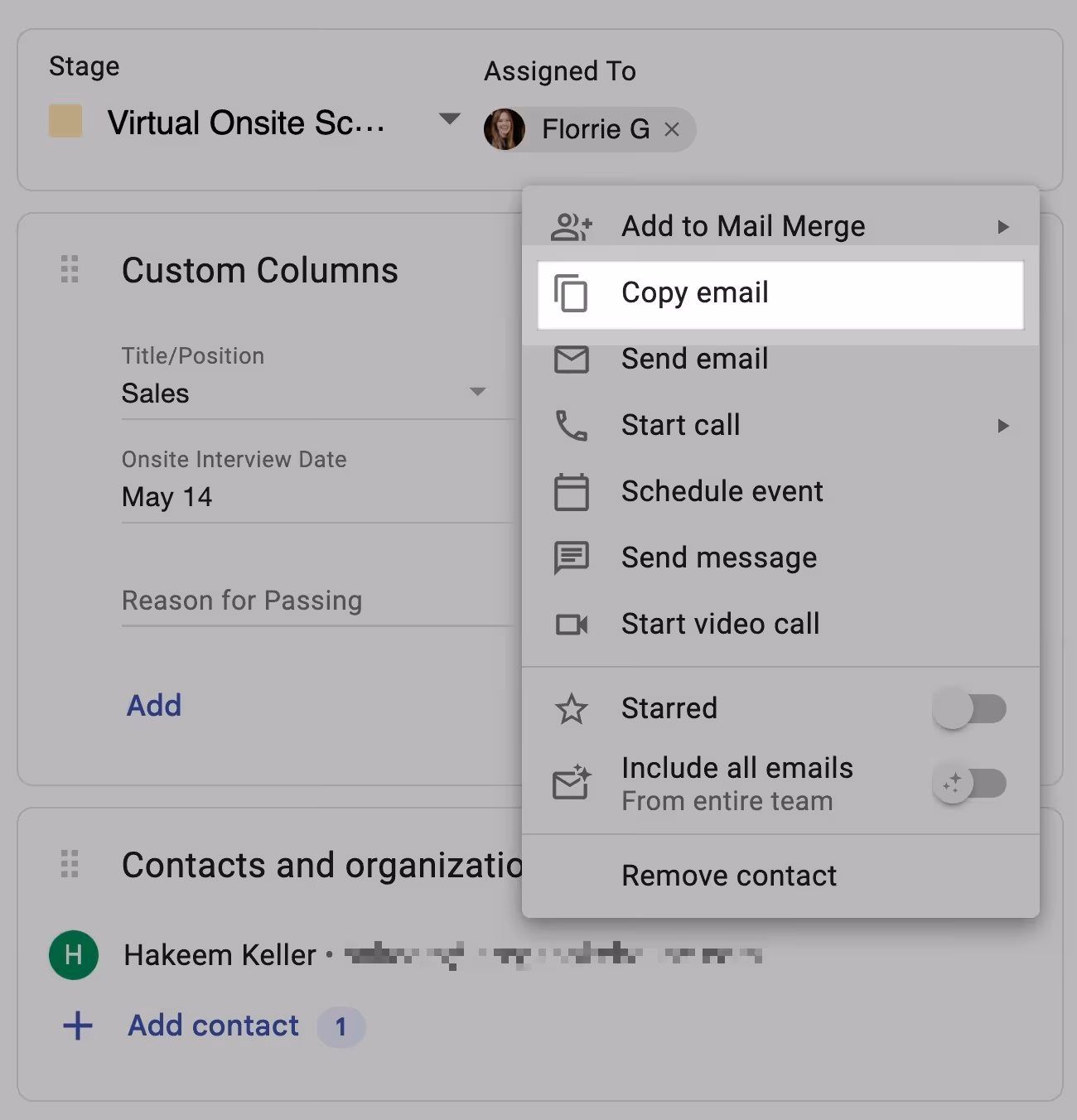 Streak CRM contact menu showing options like "Copy email," "Send email," and "Schedule event" in a hiring pipeline stage.