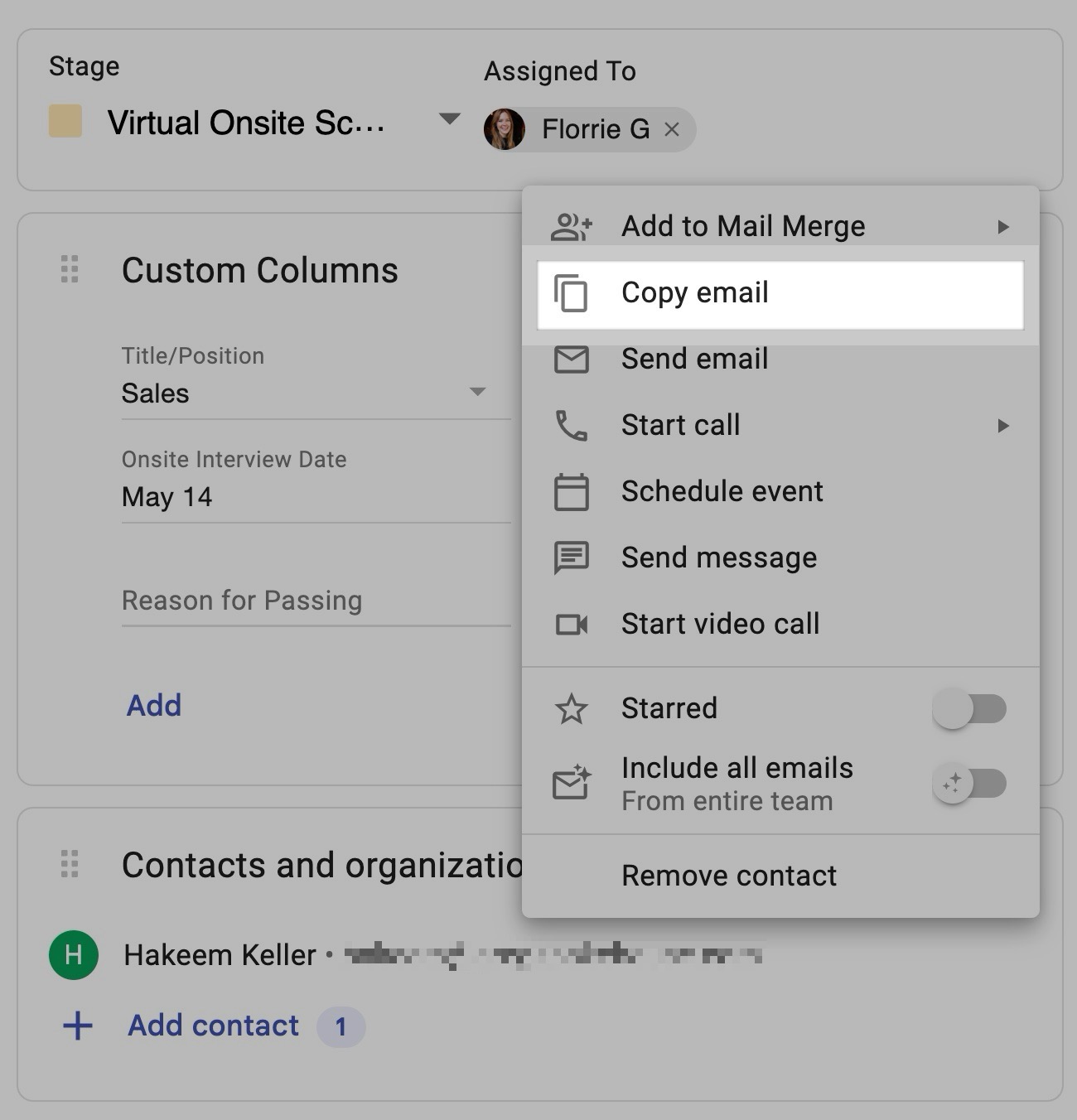 Streak CRM contact menu showing options like "Copy email," "Send email," and "Schedule event" in a hiring pipeline stage.