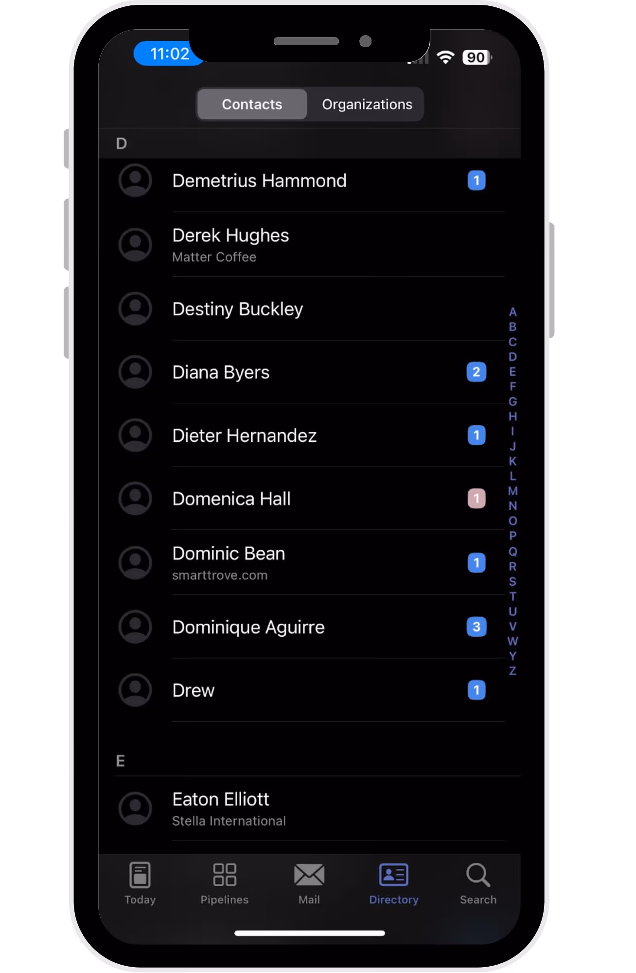 Streak mobile app showing Contacts directory with message counts and organization details.