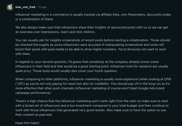Reddit comment detailing how to track influencer marketing ROI using affiliate links, UTM parameters, and post metrics, plus tips for vetting influencers and optimizing spend.