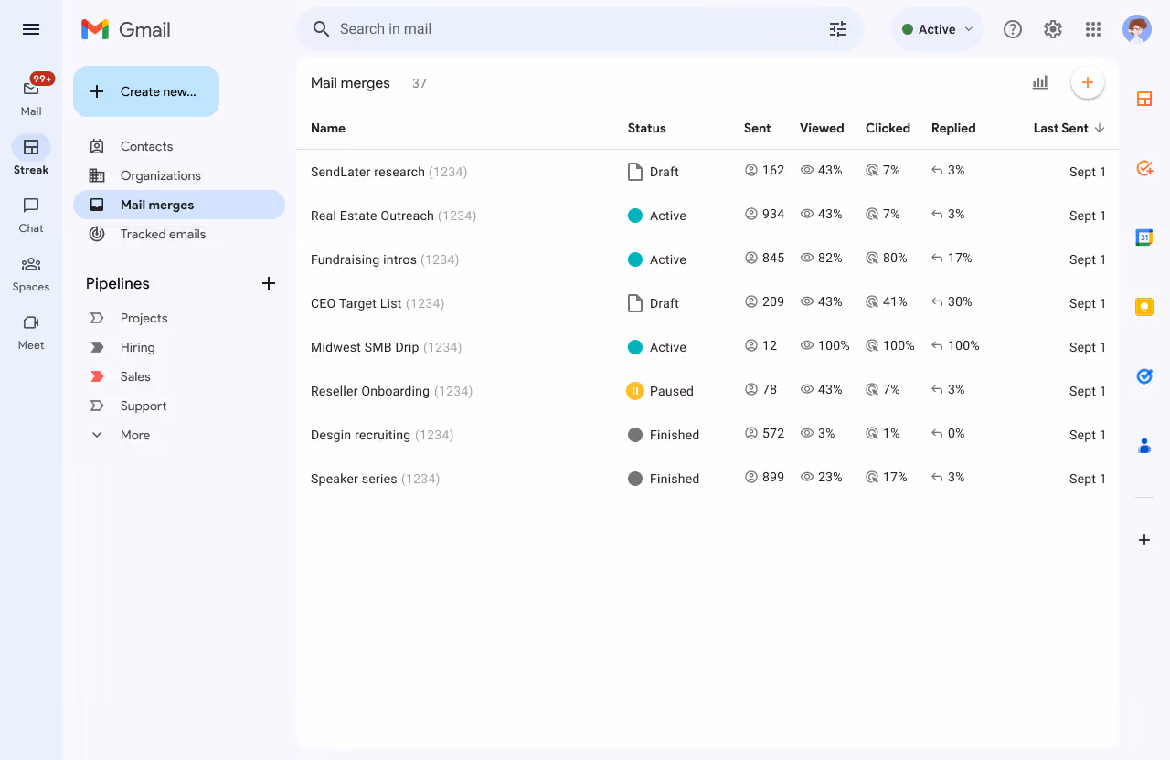 Streak CRM mail merge overview showing status, engagement metrics, and last sent dates for multiple campaigns in Gmail.