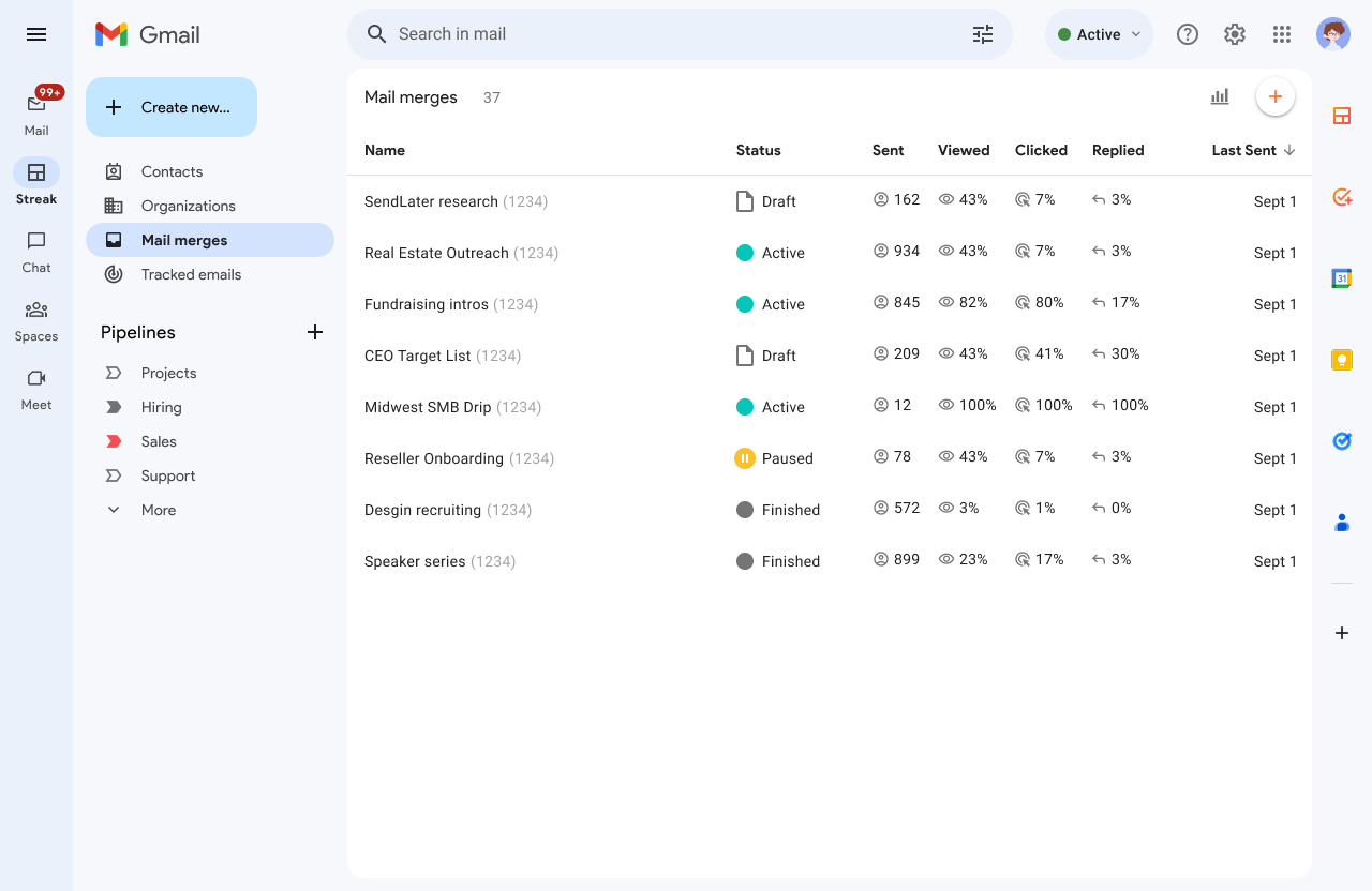 Streak CRM mail merge overview showing status, engagement metrics, and last sent dates for multiple campaigns in Gmail.