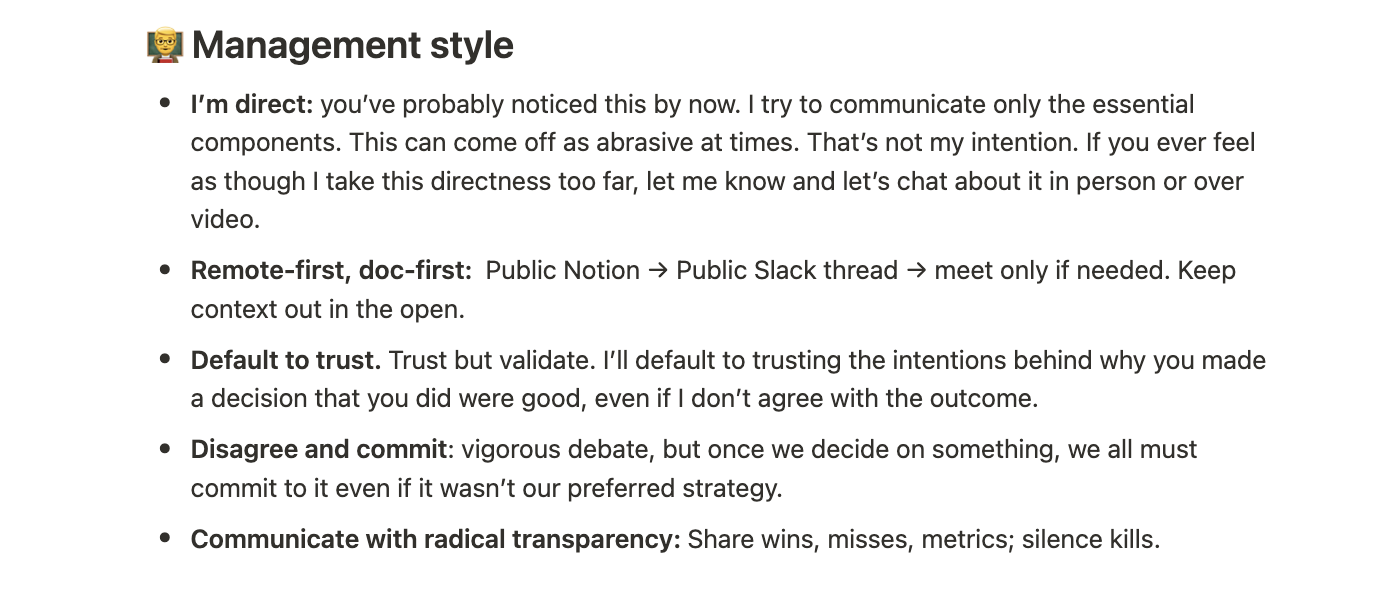 Section of Streak CEO's "How I work" doc that covers his management and communication style