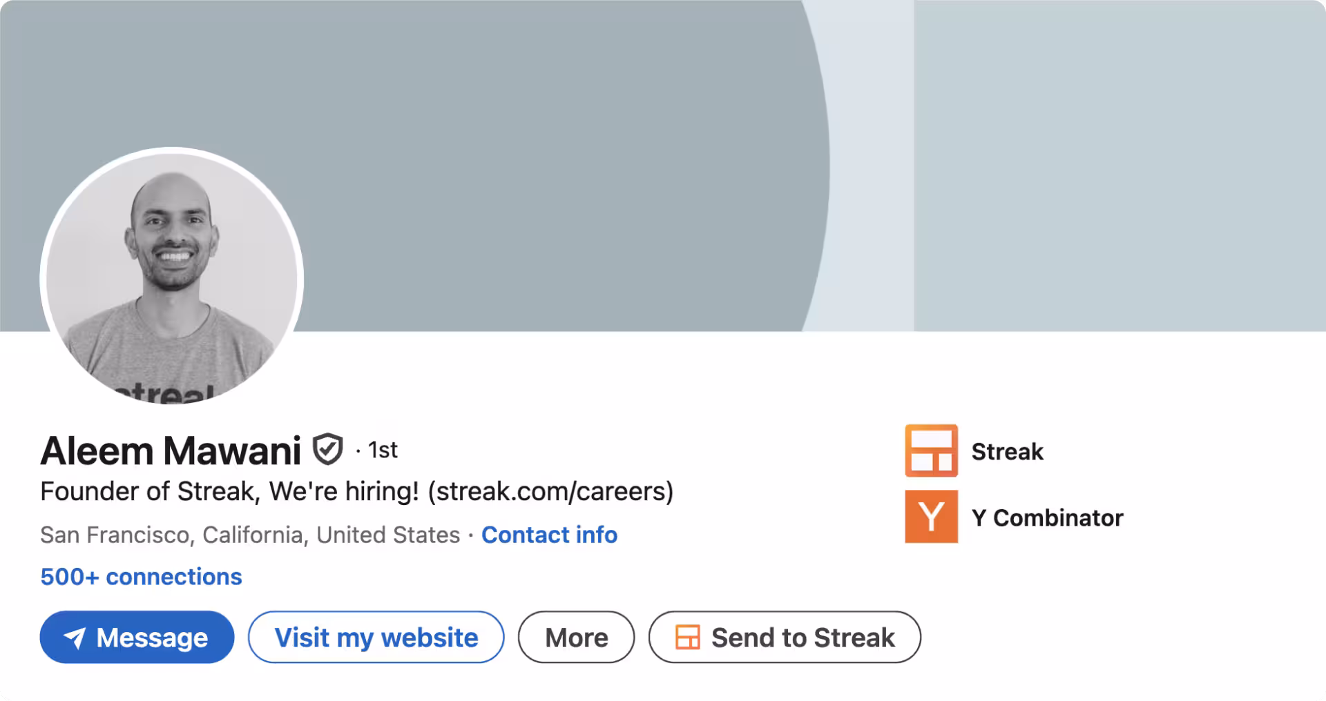 An image of a linkedin profile with a Send to Streak button visible