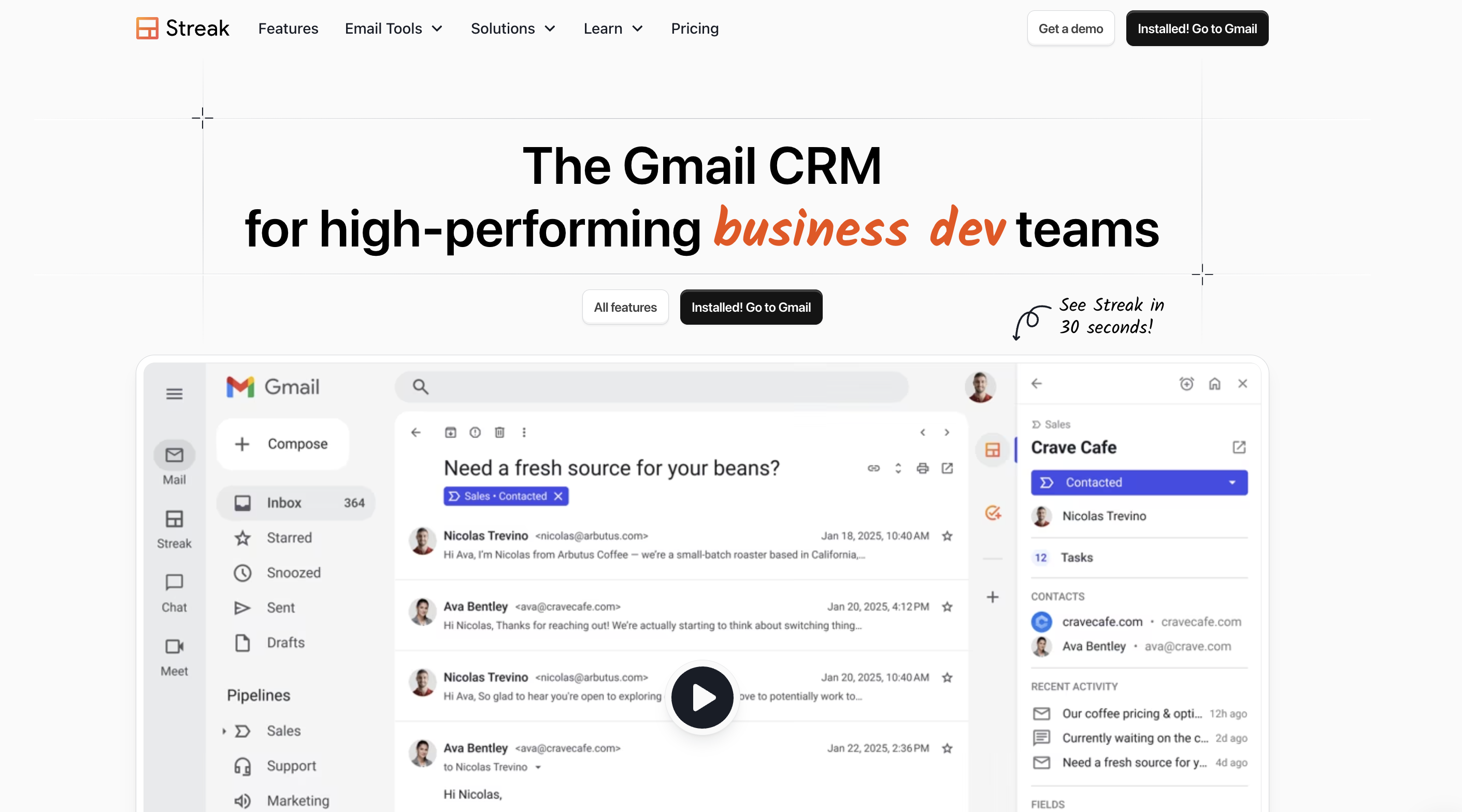 The Streak CRM homepage: The Gmail CRM for high-performing business dev teams
