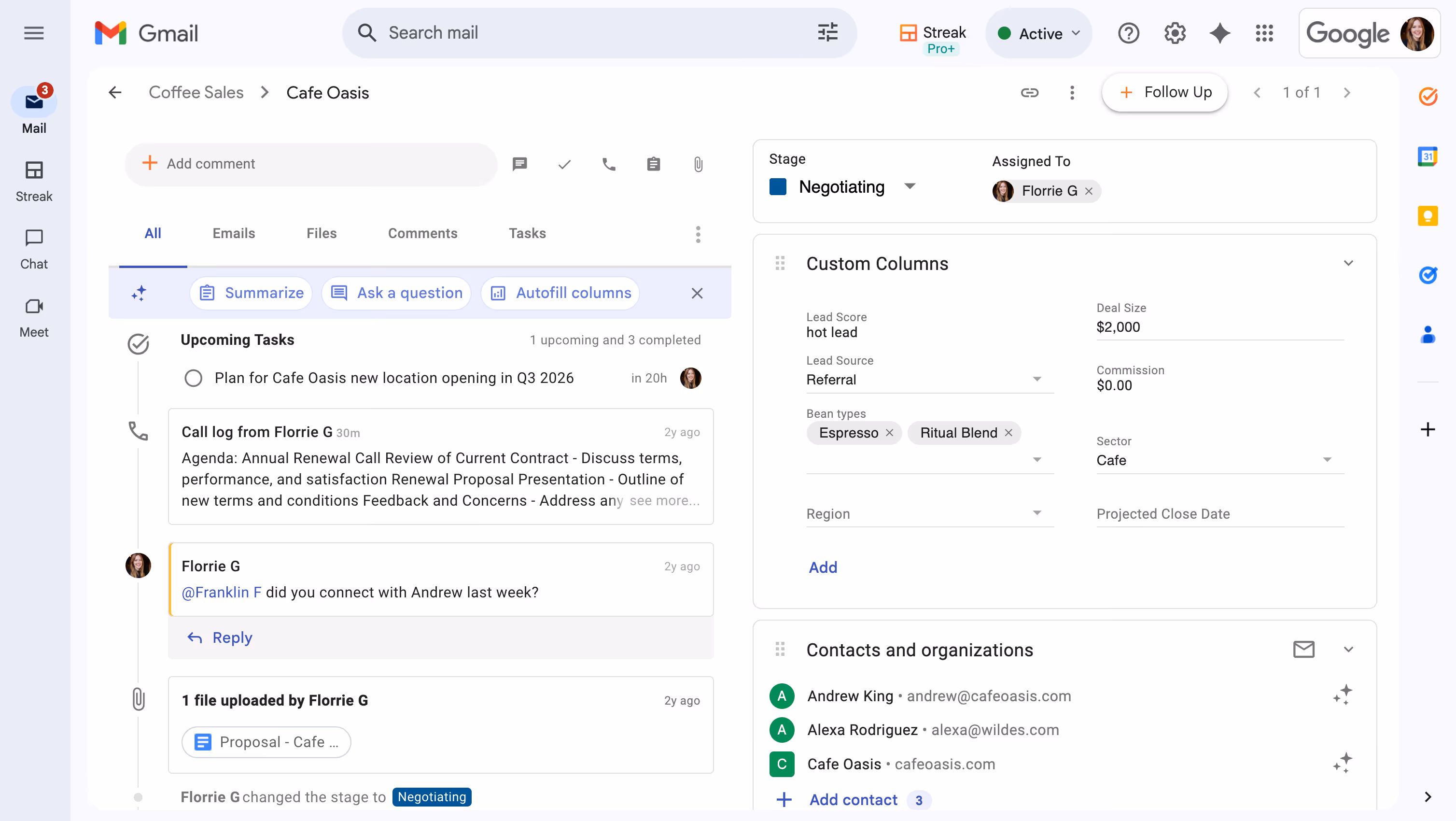 Streak CRM box view in Gmail showing deal stage, tasks, emails, and custom fields for a sales opportunity.