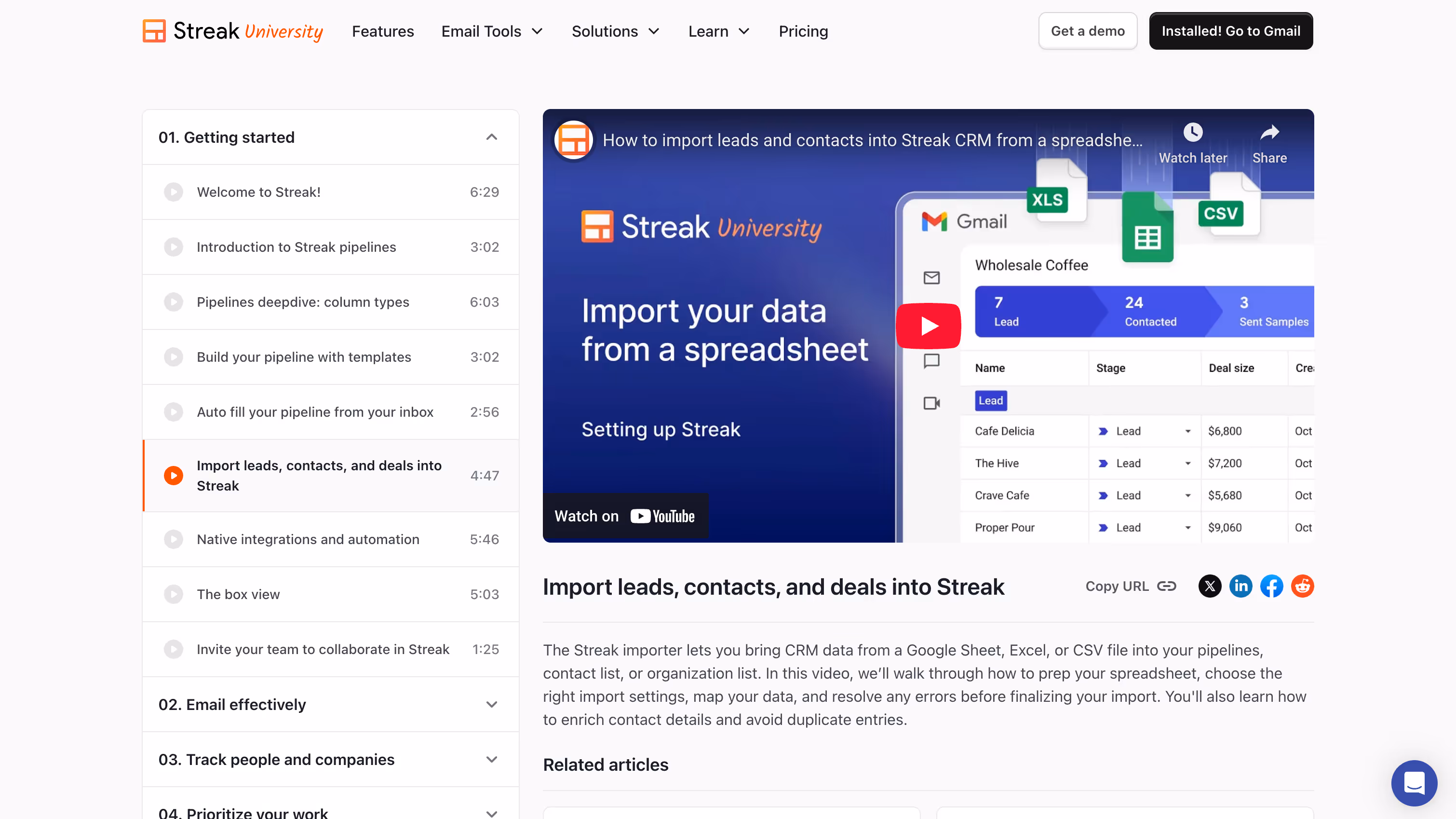 Streak University training page with an importer video and lesson list for learning Streak CRM.