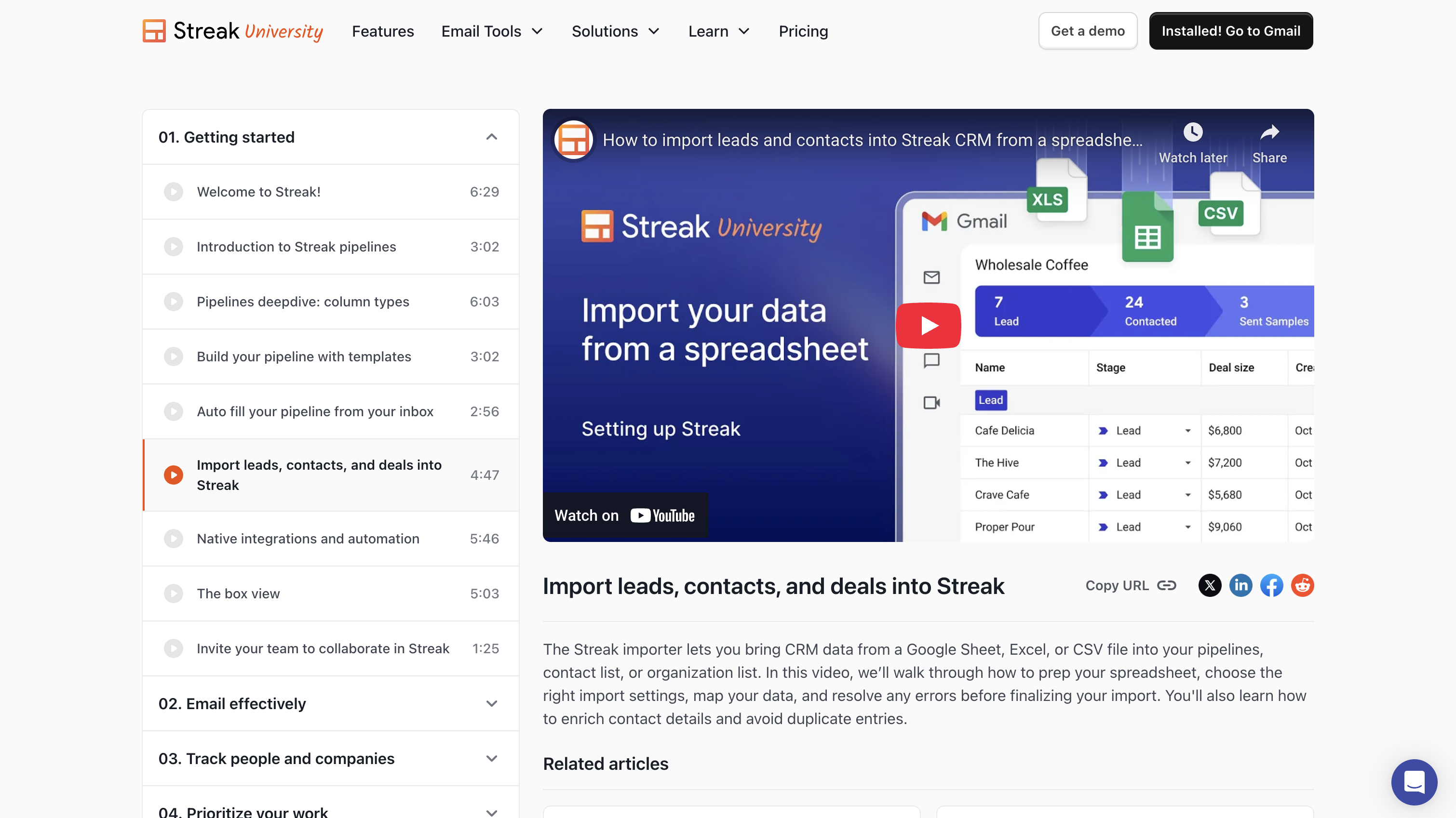 Streak University training page with an importer video and lesson list for learning Streak CRM.