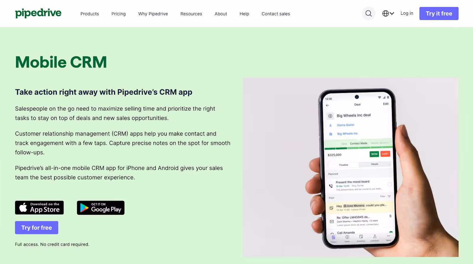 Pipedrive website homepage with header text "Mobile CRM"