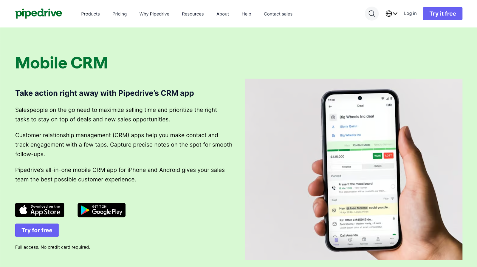 Pipedrive website homepage with header text "Mobile CRM"