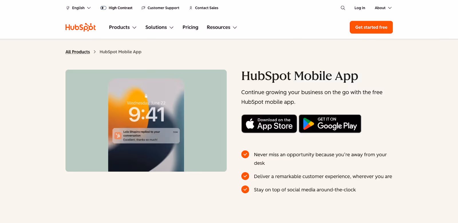 Hubspot website landing page for HubSpot Mobile App