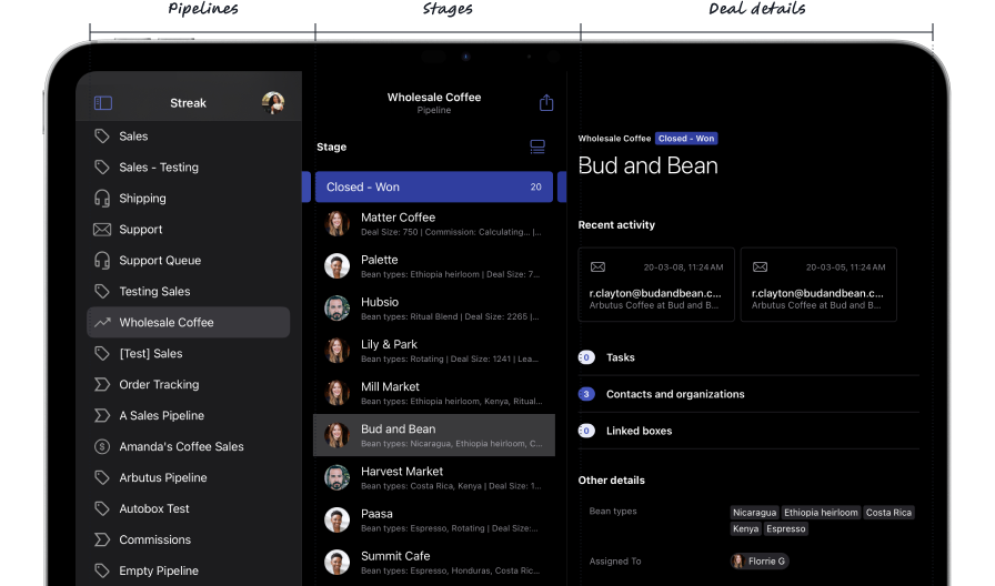 an ipad in landscape mode showing streak's mobile app ith three panes for pipelines, stages and deals, and deal detail