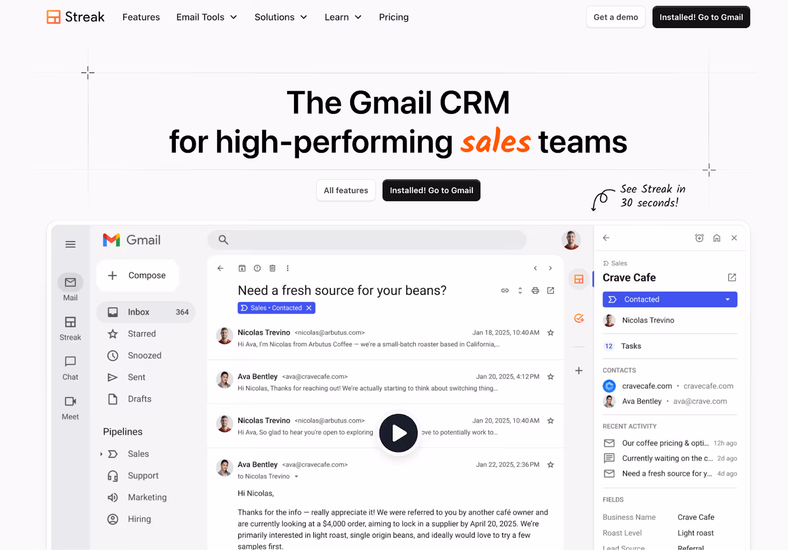 Streak CRM website homepage with text "The Gmail CRM for high-performing sales teams"