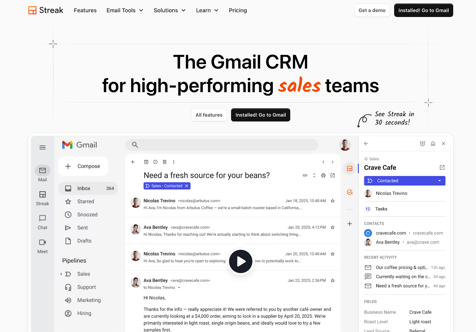 Streak CRM website homepage with text "The Gmail CRM for high-performing sales teams"