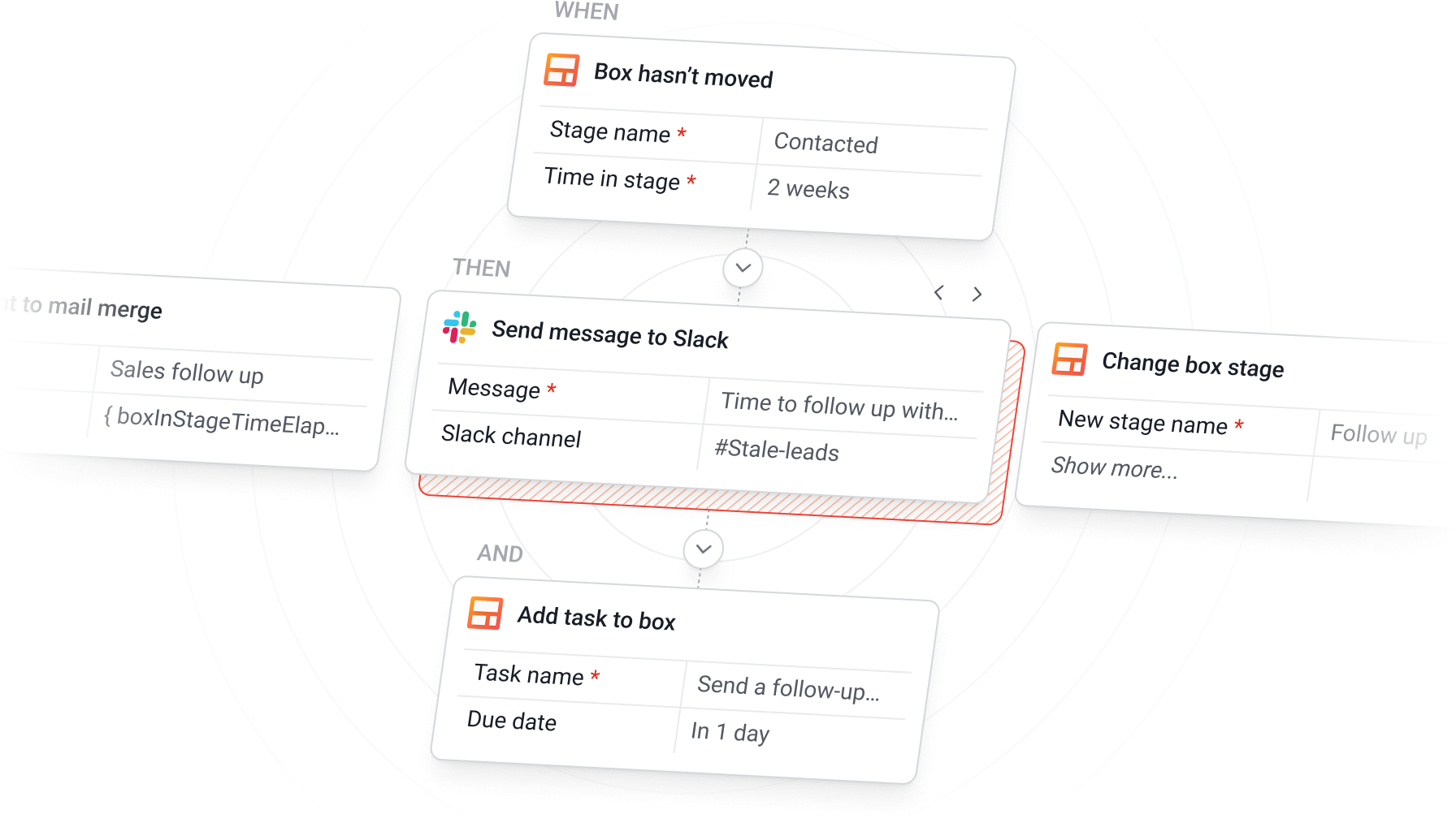 Streak workflow automation triggered by stagnant deal stage with actions like Slack alert and task creation