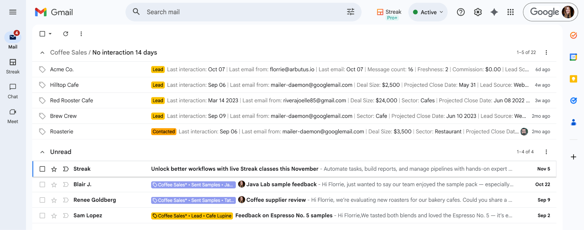 Streak saved view in Gmail inbox showing coffee sales leads with no interaction in 14 days, including deal details and last email activity.