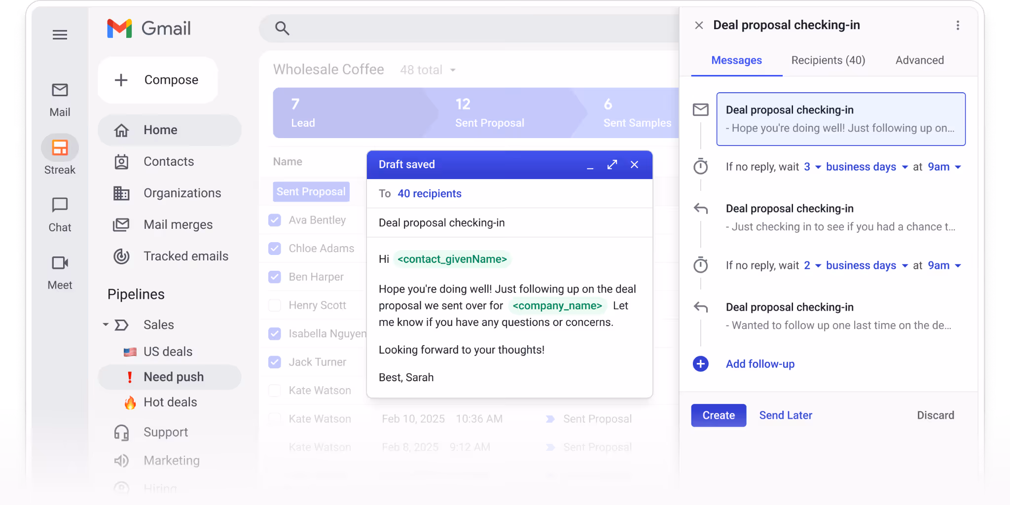 Automated follow-up email sequence in Streak CRM with mail merge preview