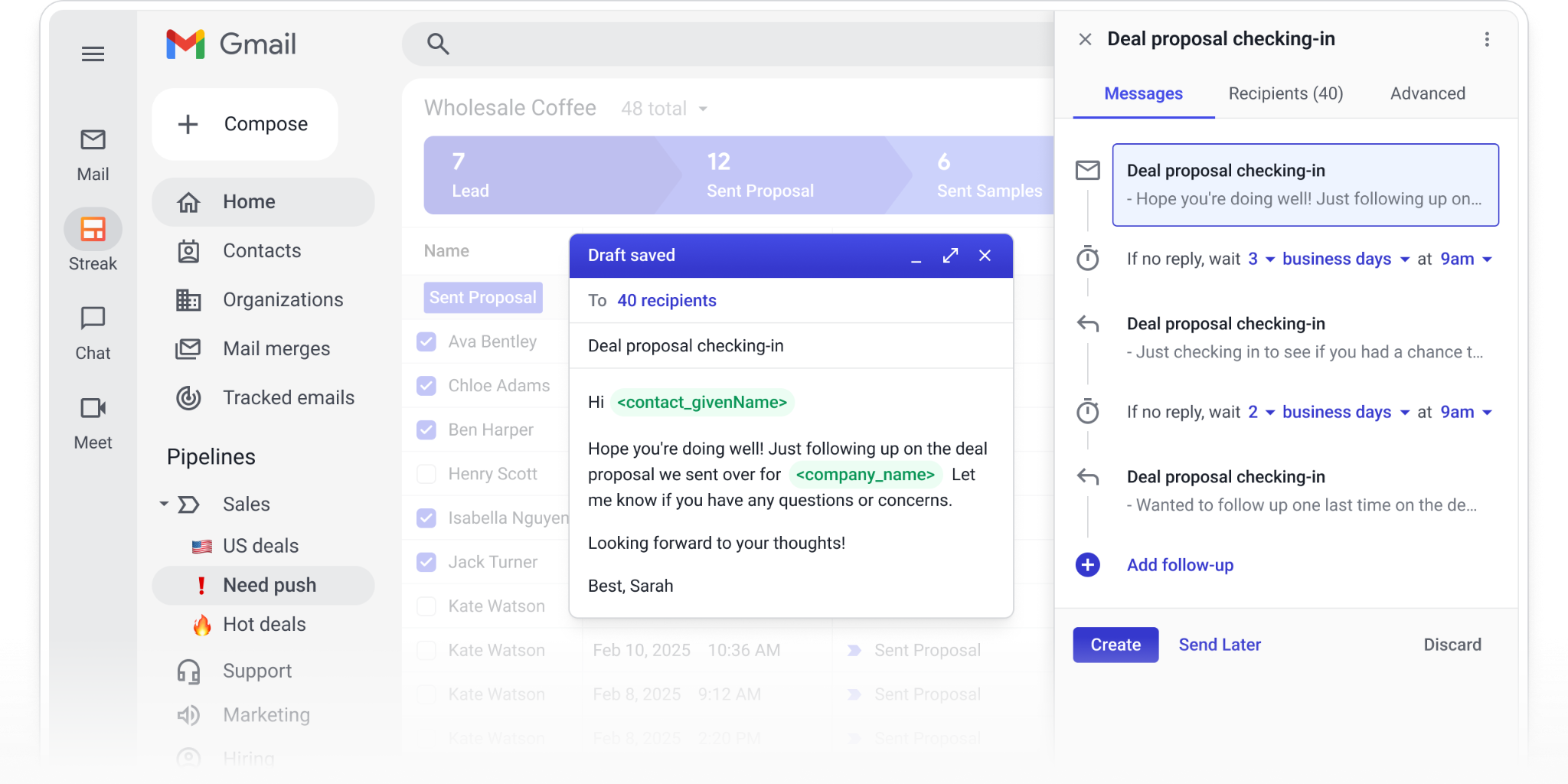 Automated follow-up email sequence in Streak CRM with mail merge preview