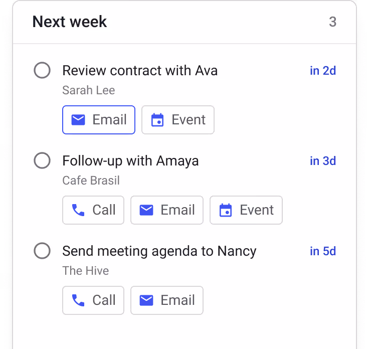 Next week’s task list with contact names and follow-up options in Streak CRM