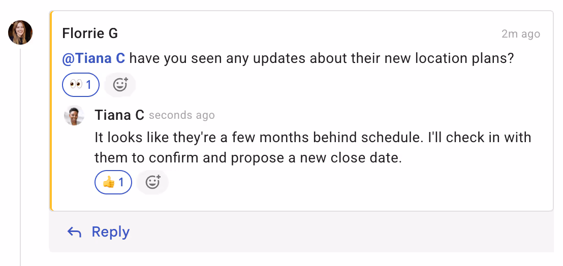 Streak CRM comment thread with @mention, emoji reactions, and reply on a deal timeline update.