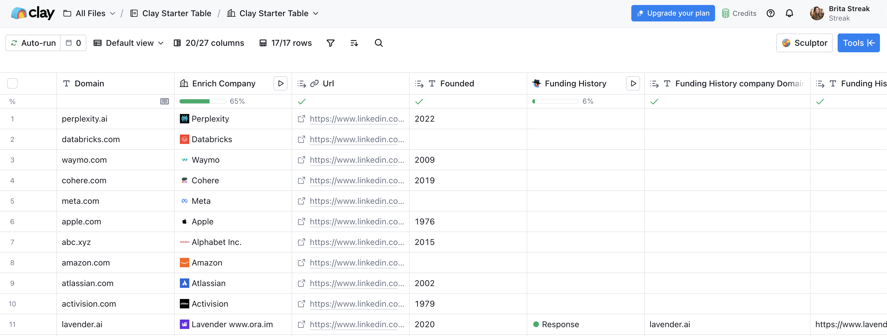 Clay enrichment table with company domains, LinkedIn URLs, founded dates, and funding history columns