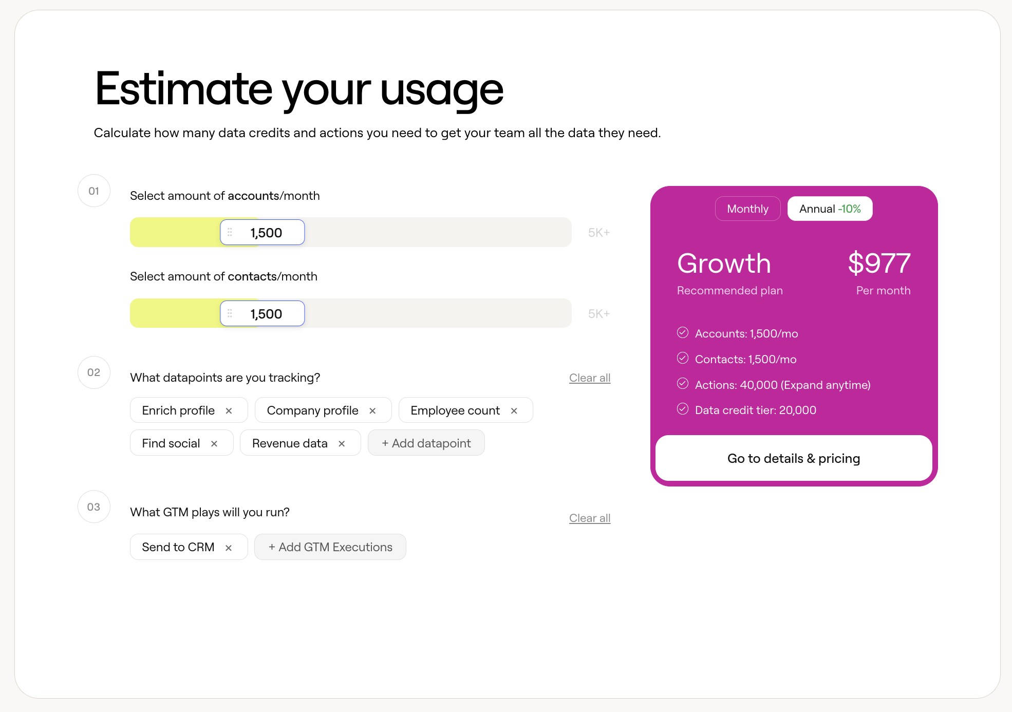 Clay usage estimator calculator for data credits, contacts, and GTM actions with recommended plan pricing