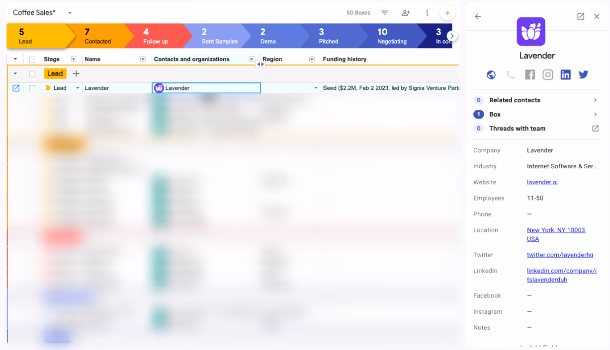 Streak CRM pipeline with enriched lead sidebar showing company profile, funding history, and social links