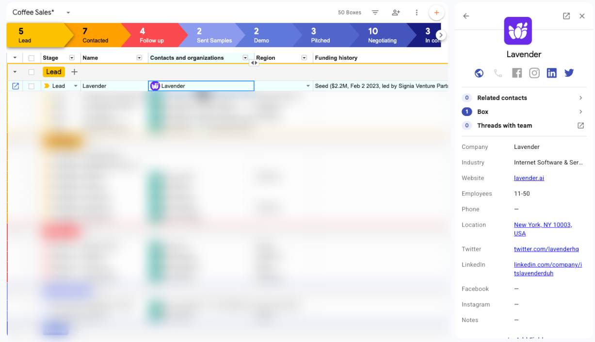 Streak CRM pipeline with enriched lead sidebar showing company profile, funding history, and social links