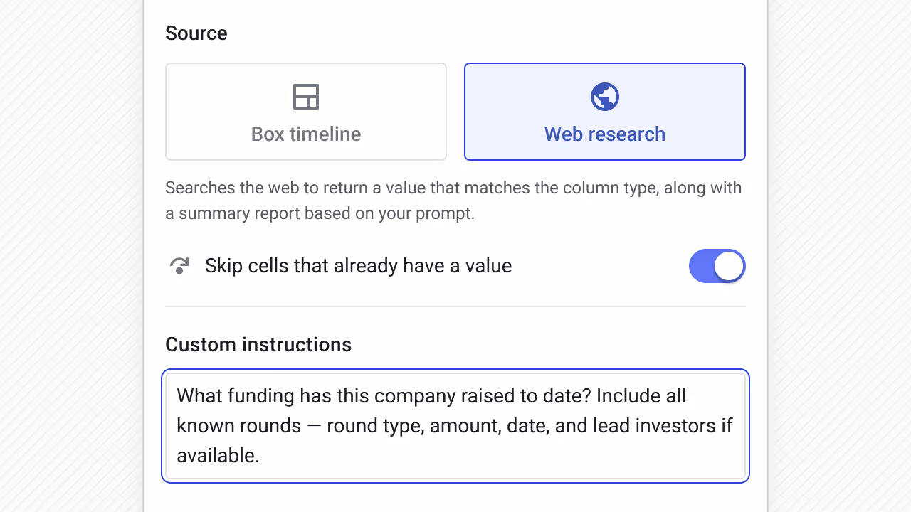 Streak autofill field setup using web research source with custom funding history instructions
