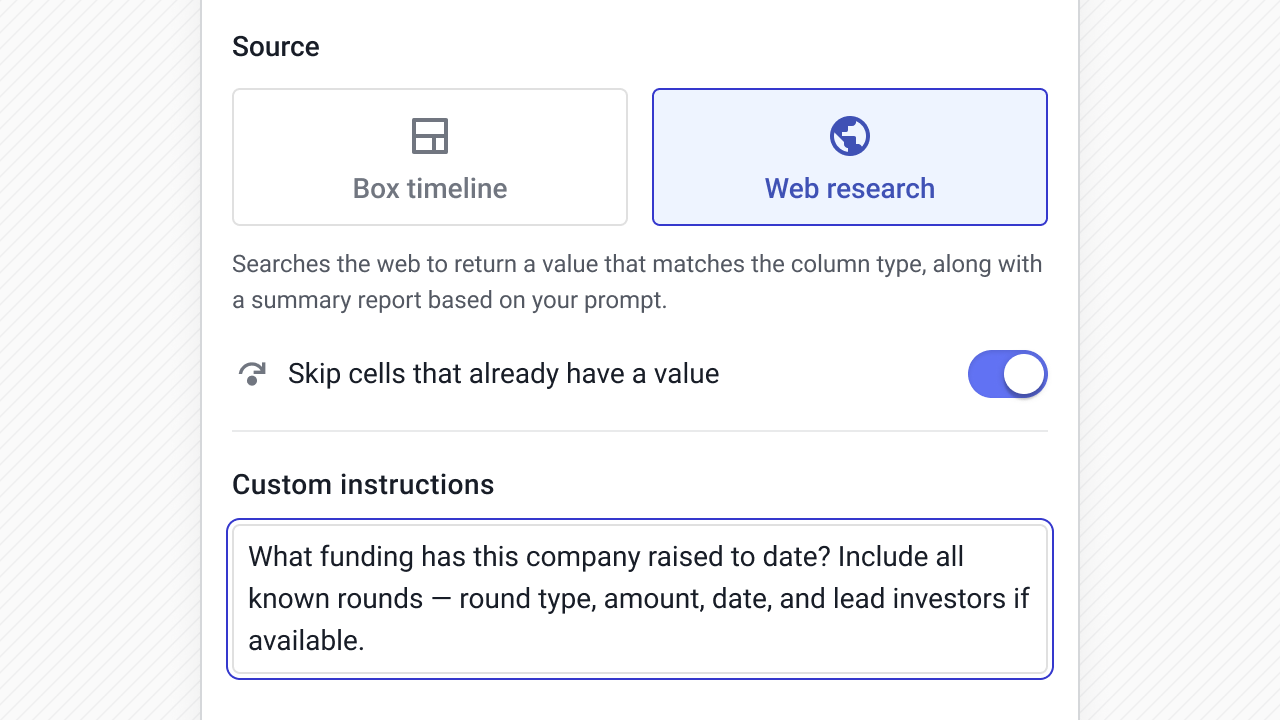 Streak autofill field setup using web research source with custom funding history instructions