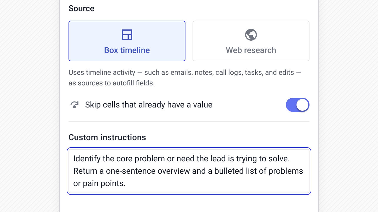 Streak autofill field setup using box timeline source to summarize lead pain points from activity