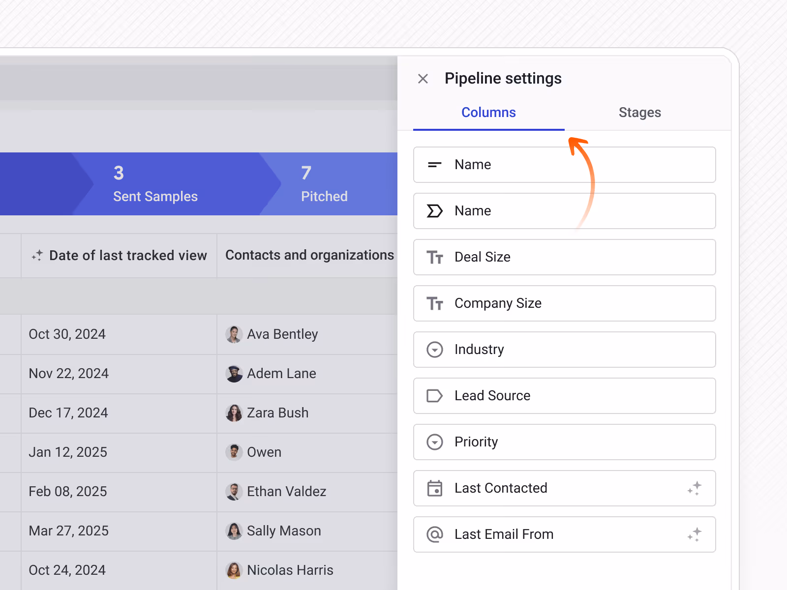A Streak sales pipeline in gmail with a Pipeline settings panel open to the columns tab.