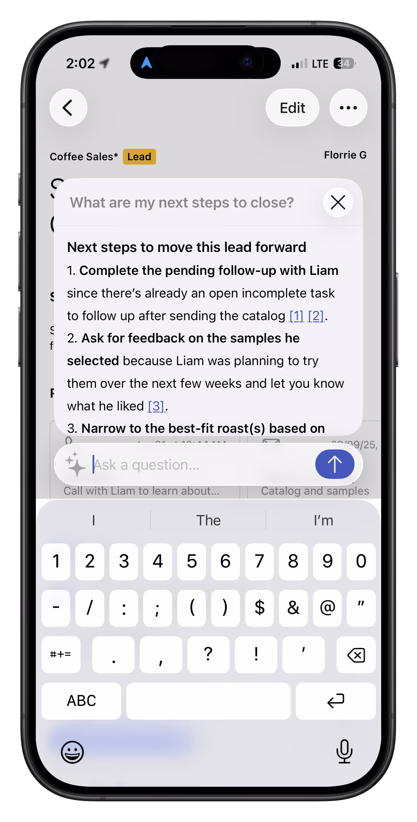 Streak CRM mobile lead view with AI “Ask a question” answer showing next steps to close deal and follow-up tasks