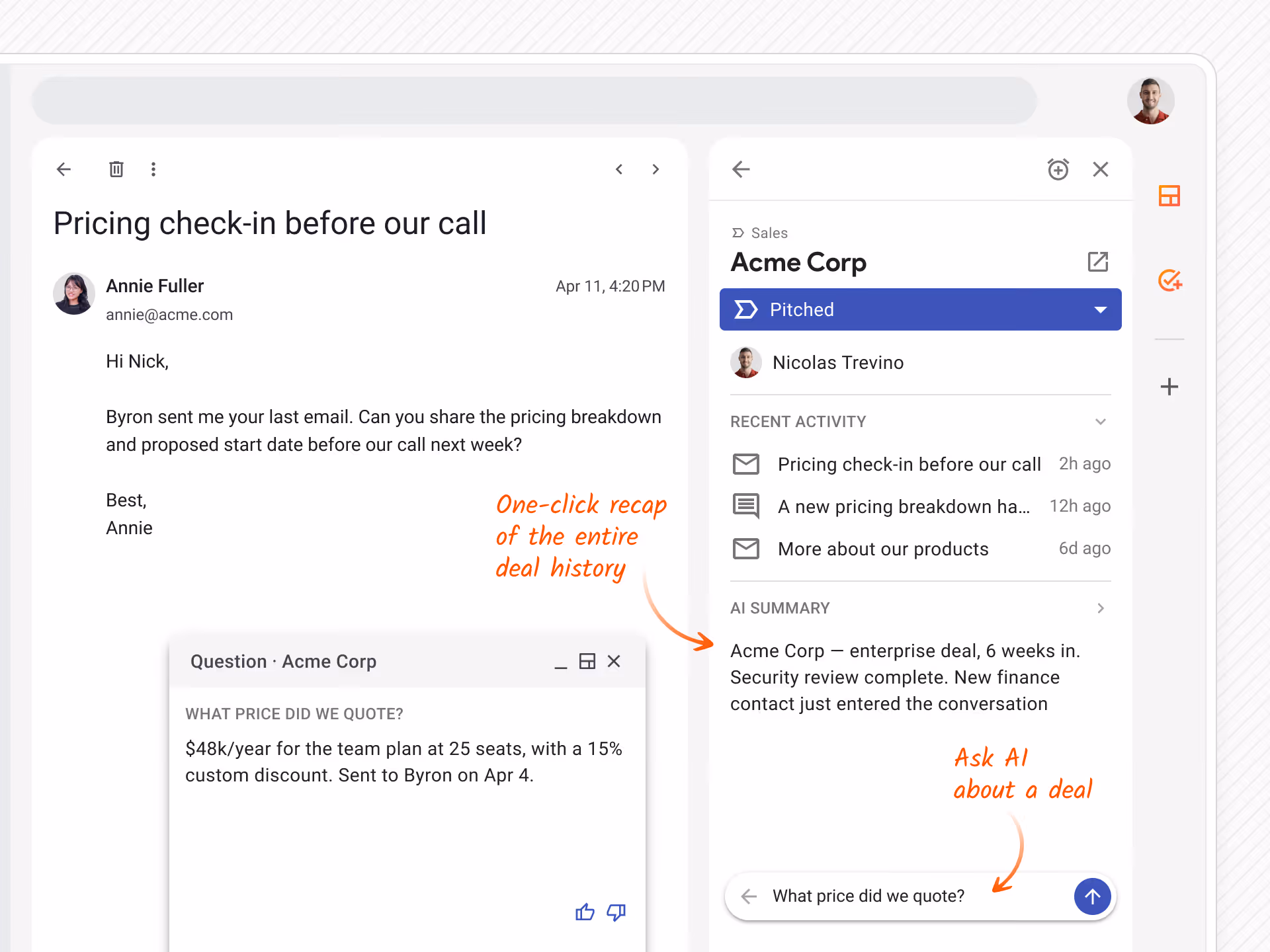 An email in a gmail inbox with the Streak CRM sidebar beside it showing an AI summary and a question field with an answer about the deal.