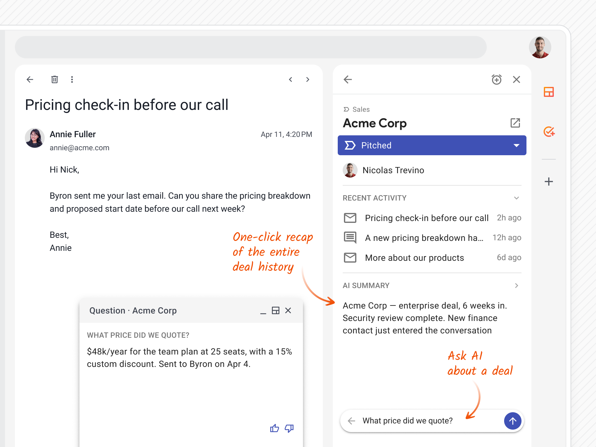 An email in a gmail inbox with the Streak CRM sidebar beside it showing an AI summary and a question field with an answer about the deal.