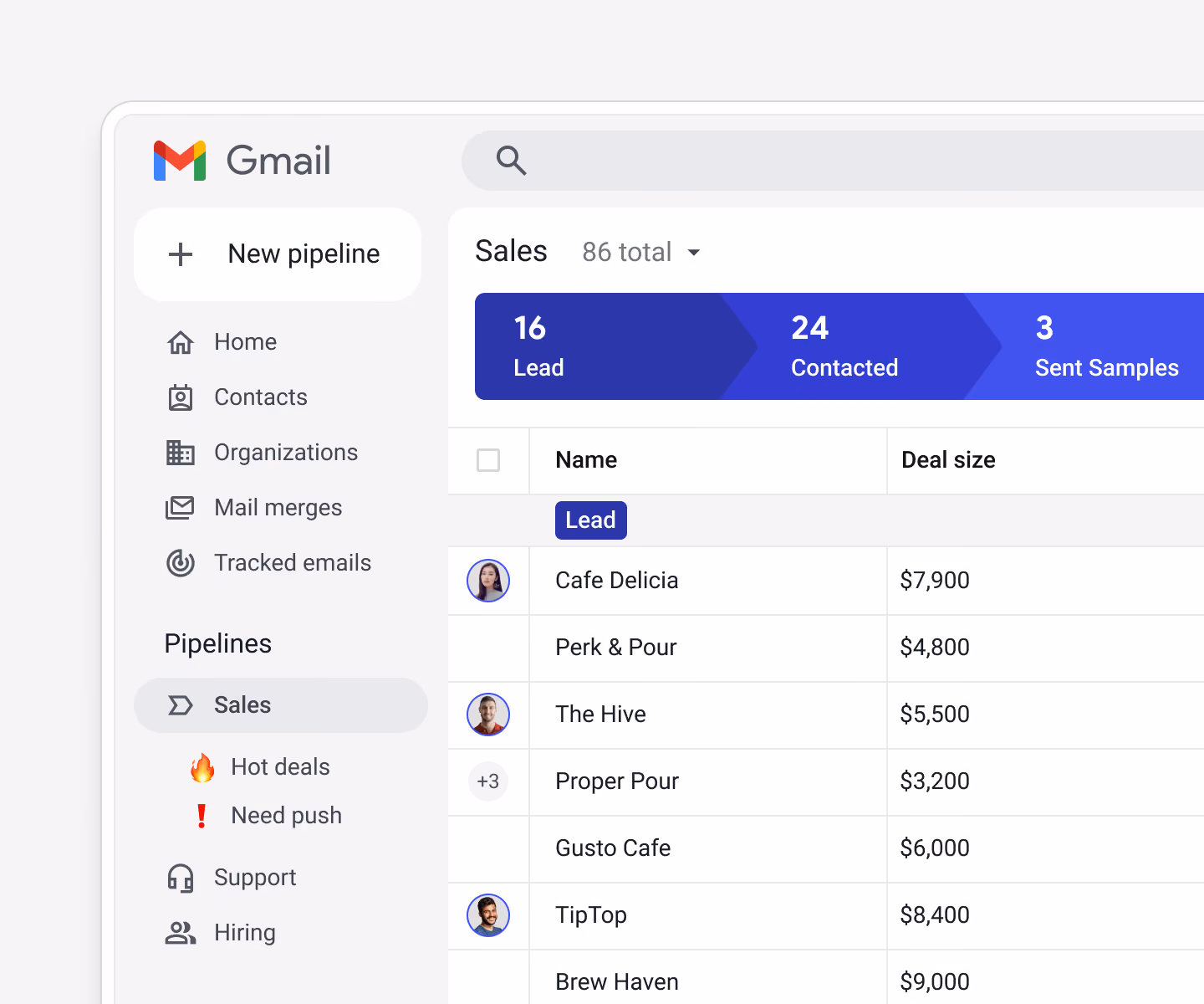 A Streak pipeline in Gmail with avatars for team members working deals in real-time