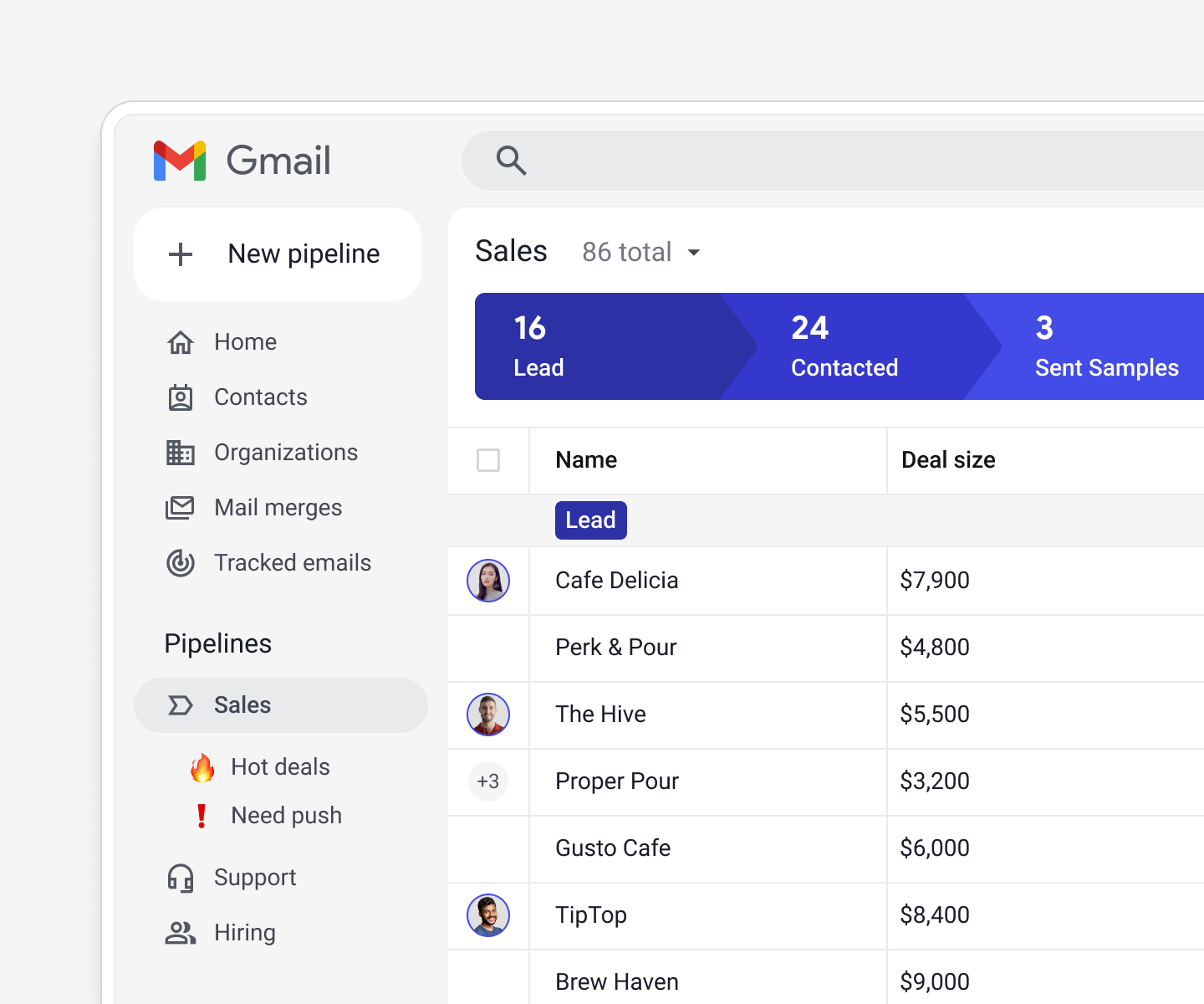 A Streak pipeline in Gmail with avatars for team members working deals in real-time