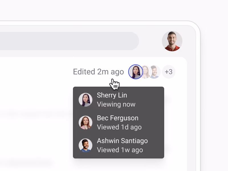 zoomed in view of a deal in Streak with a menu showing that the deal was edited 2m ago and a list of team members who are currently or recently viewing the deal