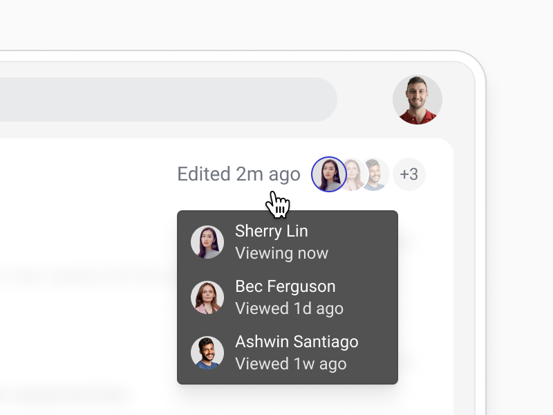 zoomed in view of a deal in Streak with a menu showing that the deal was edited 2m ago and a list of team members who are currently or recently viewing the deal