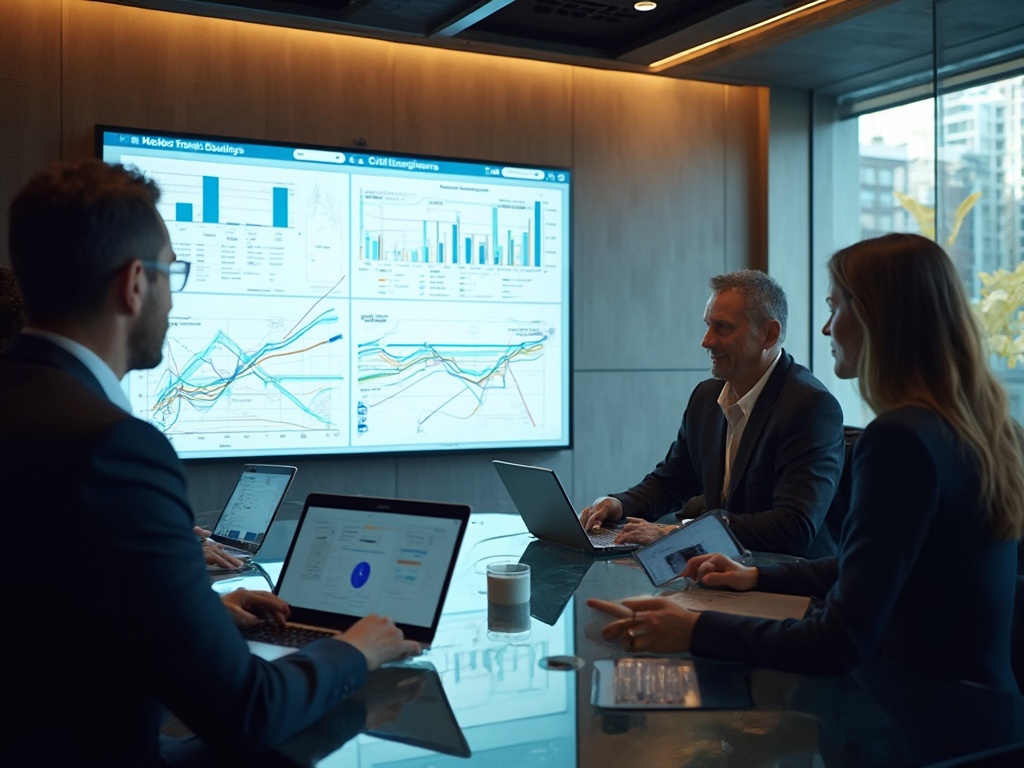 Corporate team in business attire discussing project timelines and cash flow charts on a large touchscreen display in a modern conference room with architectural design elements, shot on Sony A7R IV.
