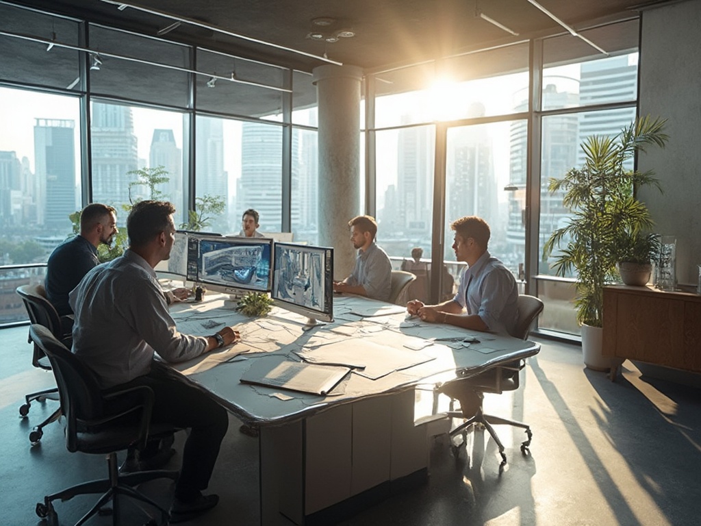 Architects working in a modern, sunlight-filled office with glass walls and sleek drafting tables, displaying 3D building designs and financial data on multiple monitors, shot on Canon EOS R5 with shallow depth of field