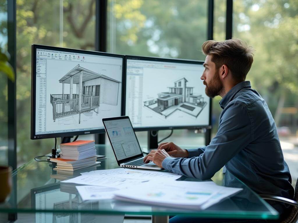 "Architect reviewing financial and architectural plans on dual monitors in a well-lit office with a modern glass desk, organized invoices, and a miniature architectural model"
