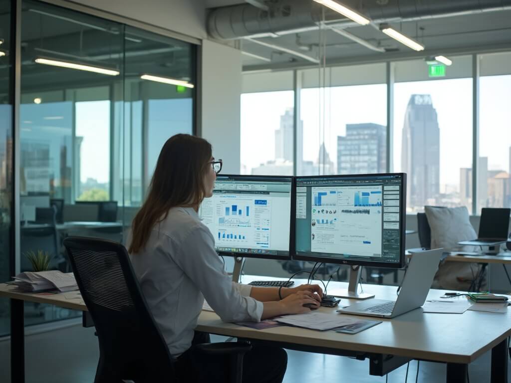 "Bookkeeper in modern Austin office, working on dual monitors with finance software, surrounded by neatly organized desk, Austin skyline in the background."